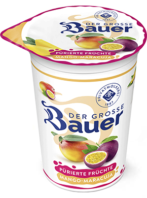 bauer natur joghurt trinkjoghurt 225g teaser puerierte fruechte mango maracuja